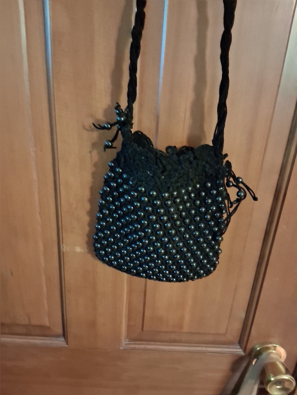 Vintage 1970s black macramé style beaded purse (shoulder bag)